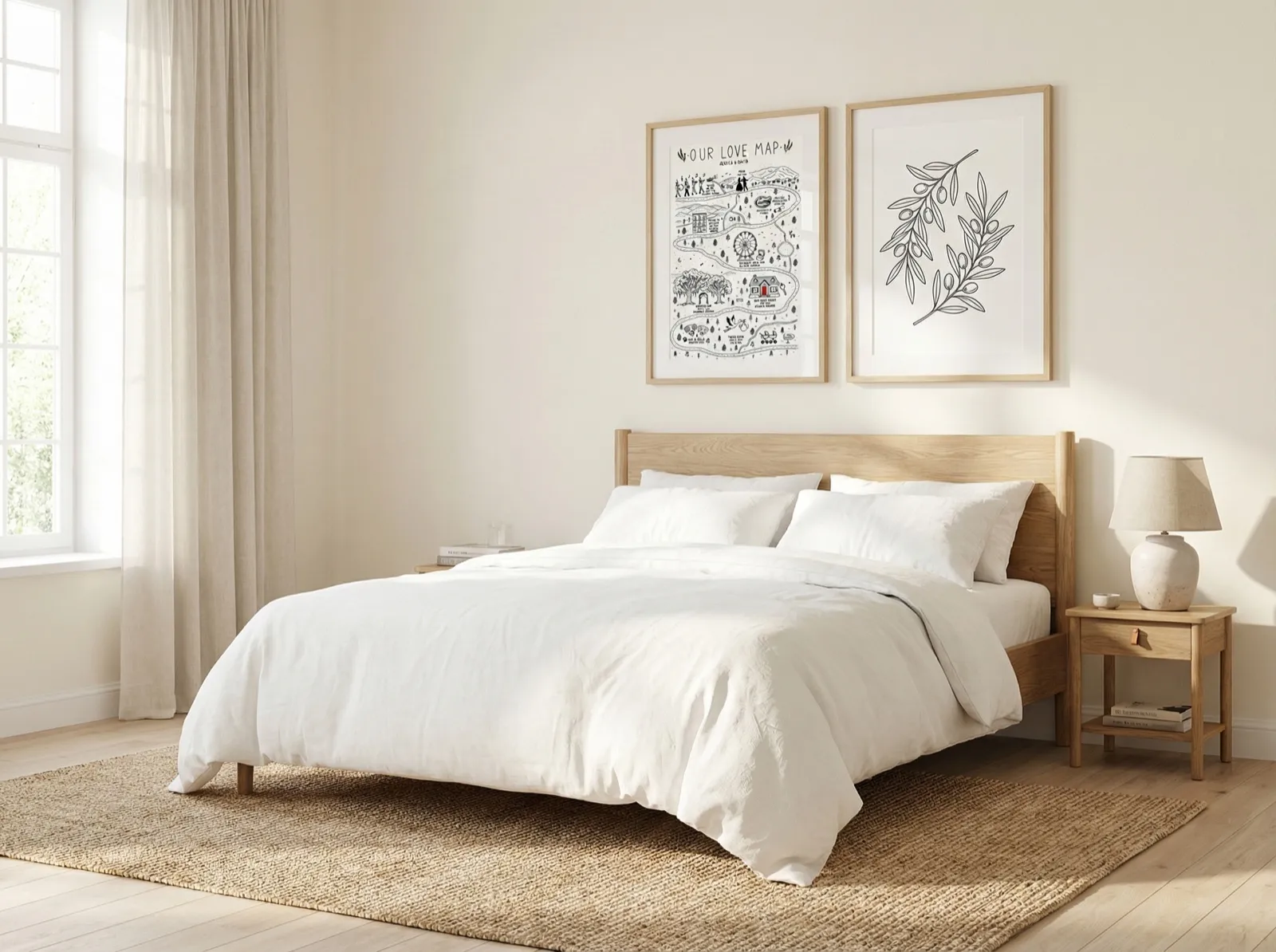 A bedroom with a wooden bed and white linen. Above the headboard hang two framed prints: a detailed custom love map on the left and a simple botanical olive branch drawing on the right.