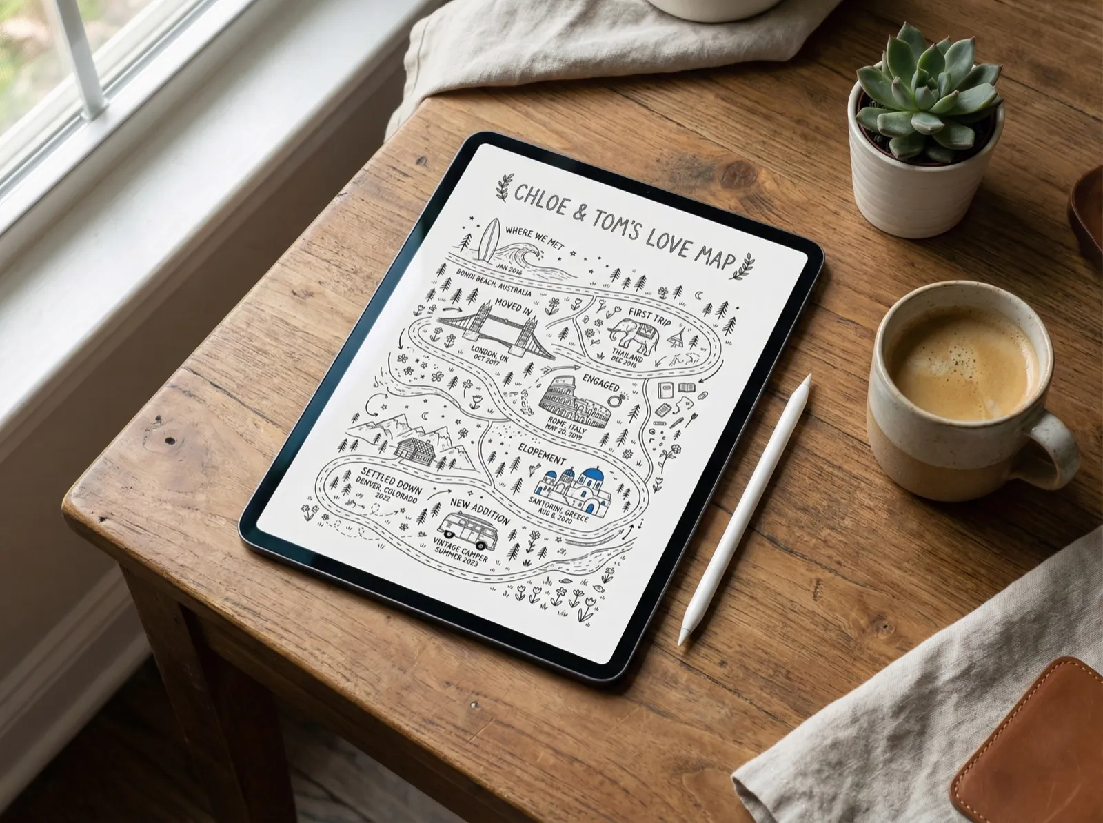 An iPad on a wooden desk displaying the high-resolution digital file of a custom love map for Chloe and Tom, with milestones in Bondi Beach, London, Rome and Santorini. An Apple Pencil and a coffee cup sit beside it.